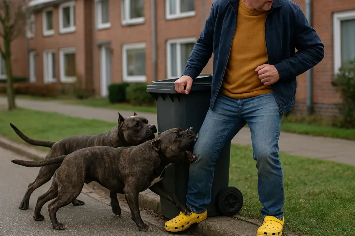 Twee gespierde Staffordshire Terriërs vallen een man met gele Crocs aan terwijl hij zijn kliko buiten zet in een woonwijk in Nieuw-Vennep